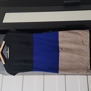 Valerie Bertinelli black, royal blue and taupe dress